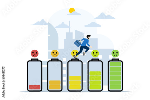 Mental health power concept, businessman using mood energy battery for good or full mod, recharging energy. can be recharged. rest or recovery. tired and exhausted workers. flat vector illustration.
