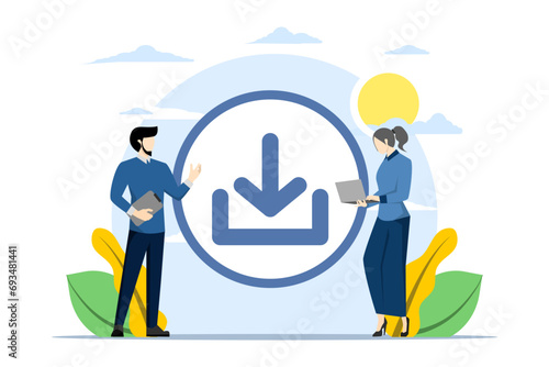 File or file download concept, Installation symbol, Little person downloading data, files on smartphone and laptop, Load symbol, Modern flat cartoon style, Vector illustration on a white background.
