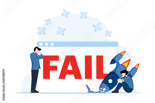 Concept of Failed to start a business. Missing the target, spinning arrow, space rocket launch business failure metaphor. Failed businessman. Modern flat cartoon style. Vector illustration.
