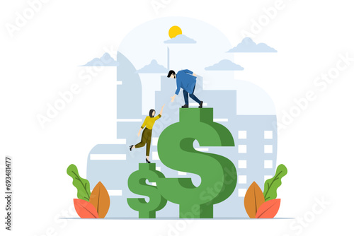 Concept of business employees helping each other and providing support and helping each other, working together for success and development, corporate relationships and cooperation. vector illustratio