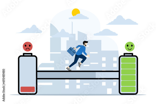 Mental health power concept, businessman using mood energy battery for good or full mod, recharging energy. can be recharged. rest or recovery. tired and exhausted workers. flat vector illustration.