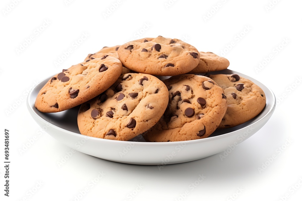 Chocolate chip cookies on a plate isolated on a white background. Chocolate chip cookies on a plate isolated on a white background.