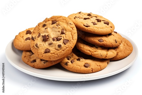 Chocolate chip cookies on a plate isolated on a white background.