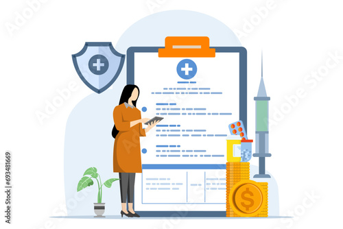 The healthcare concept is explained through engaging visuals on the themes of co-pays, coverage, and deductibles, featuring characters interacting with financial elements, flat vector illustrations.