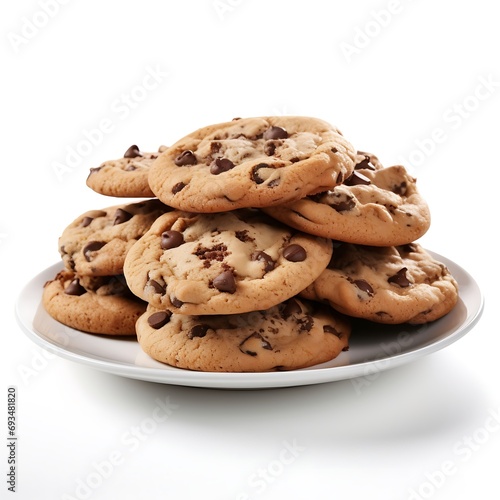 Chocolate chip cookies on a white plate isolated on white background.