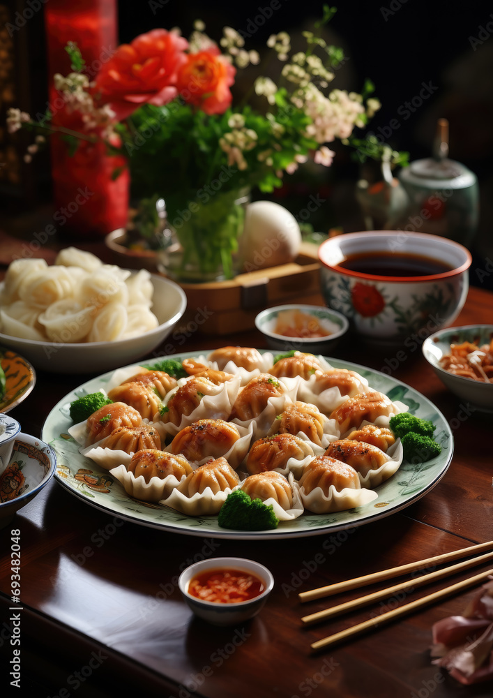 festive Chinese New Year table, Jiaozi dumplings, decor, lunch, dinner, feast, national traditional food, delicious treats, meal, celebration, holiday festive Chinese New Year table, Jiaozi dumplings, decor, lunch, dinner, feast, national traditional food, delicious treats, meal, celebration, holiday