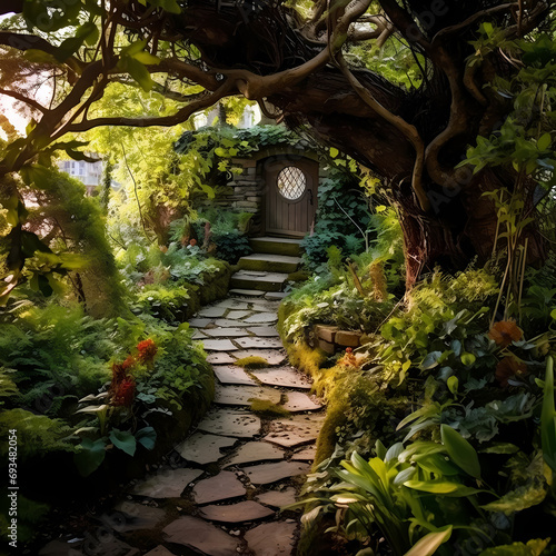 A hidden garden with a stone path leading to a secret garden