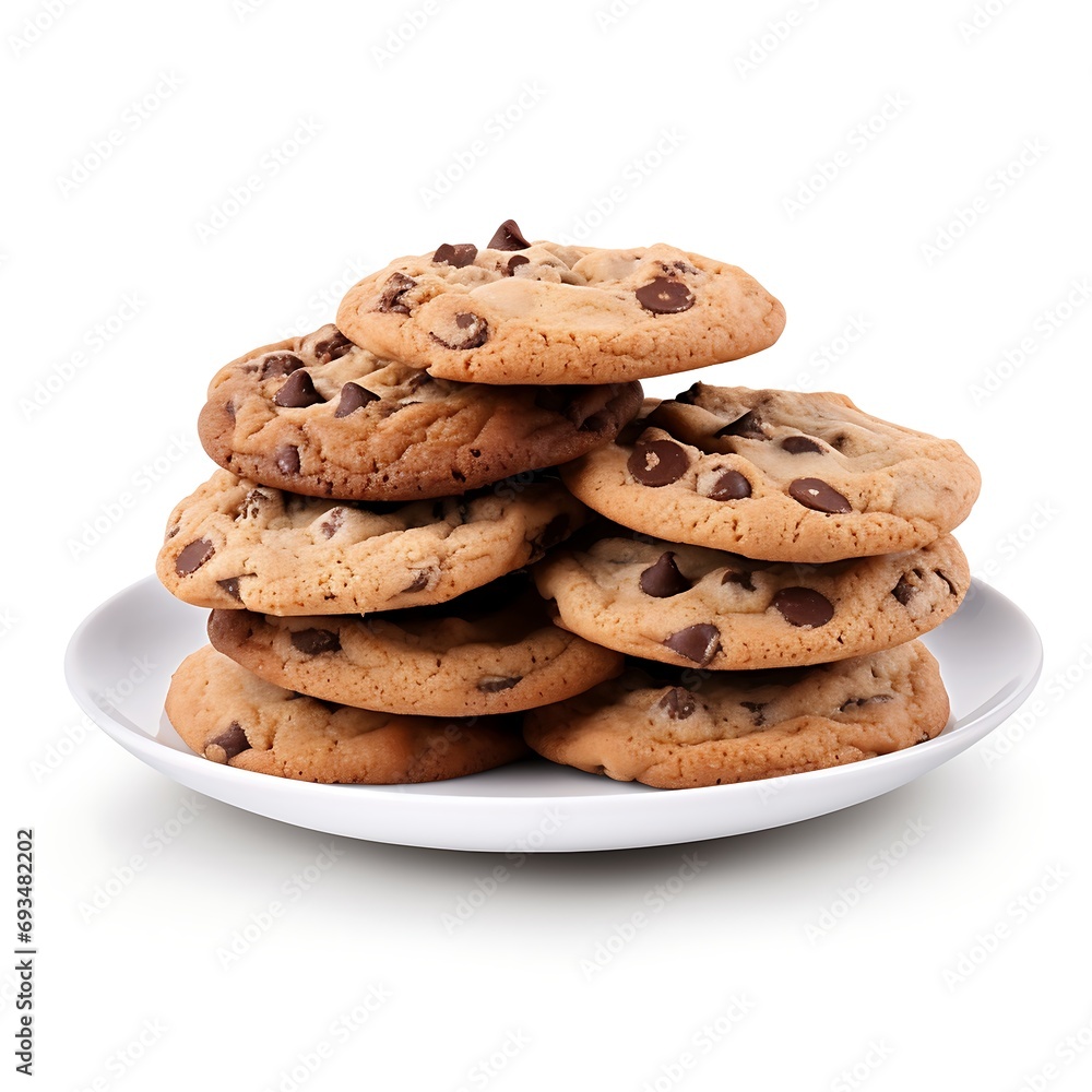 Chocolate chip cookies on plate isolated on white background with clipping path Chocolate chip cookies on plate isolated on white background with clipping path