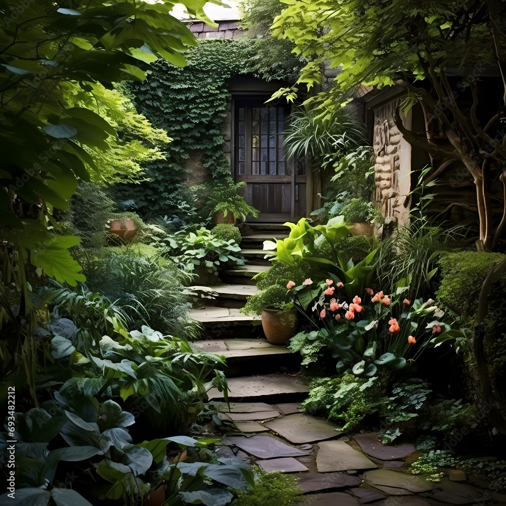 A hidden garden with a stone path leading to a secret garden