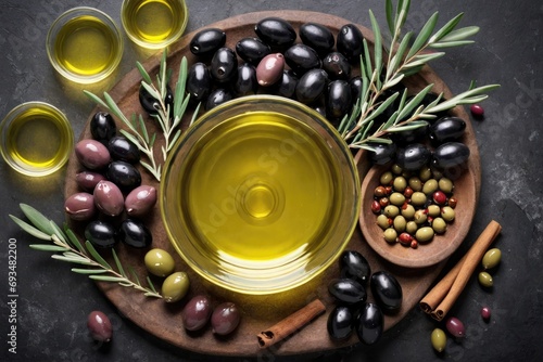 olive oil with olives spices top view