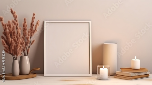 Nordic style home office desk in living room. Picture frame mockup, candle, dry flowers in vase, cup of tea, paper notebook on white table. Generative Ai © mahaart