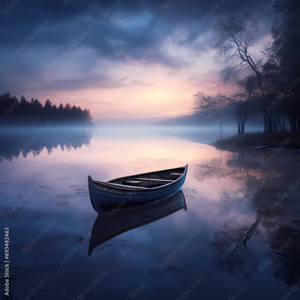 A lone rowboat on a serene river at twilight