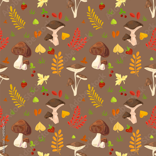 gray-brown seamless hand-drawn pattern with a variety of mushrooms.