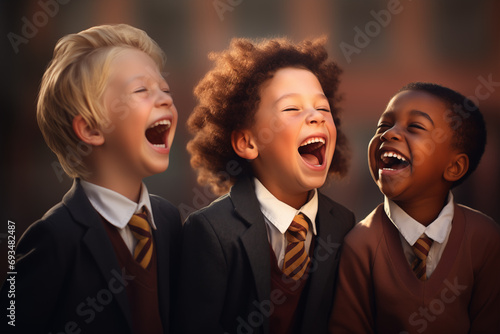 Three boys students of junior classes of different nations are laughing happily, dressed in the same school uniform with a white shirt, a striped tie, a brown sweater, standing on a blurred background