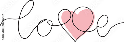 love lettering in line art style,isolated  hand drawn outline vector illistration with pink heart