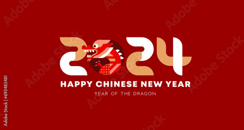 Chinese New Year 2024 Logo, Year of the dragon. Chinese zodiac dragon in geometric flat modern style. © Seanprai