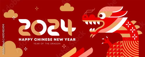 Chinese New Year 2024 Banner, Year of the dragon. Chinese zodiac dragon in geometric flat modern style.