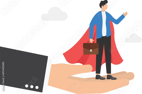 Leadership or business growth concept, help to succeed in a job. Businessman superhero belief in supported hand. Flat vector illustration

