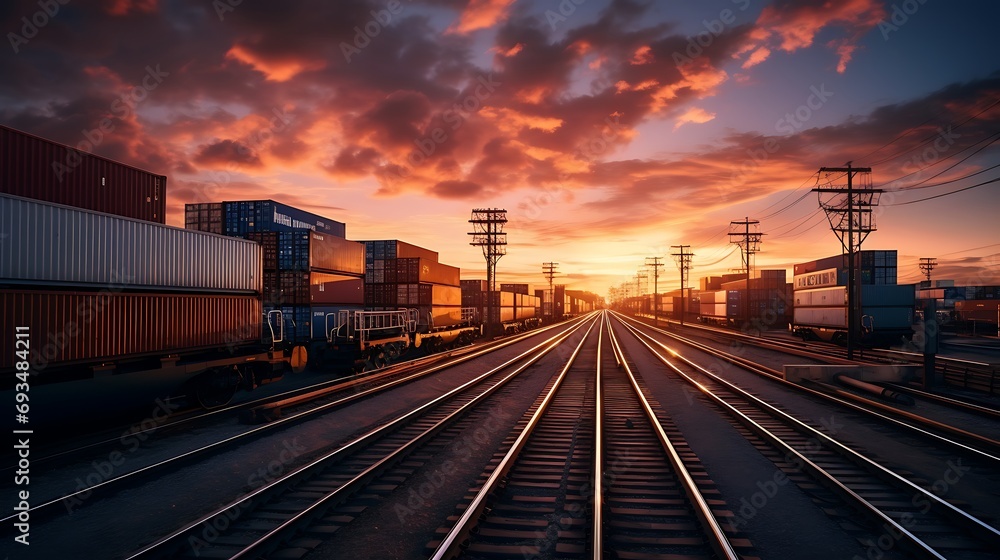 Railway and freight train at sunset, transportation and logistics concept.