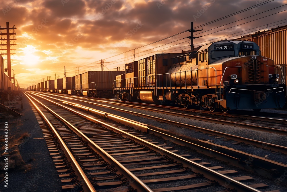 Obraz premium Freight train at sunset. Freight transportation. 3D rendering