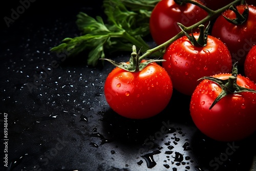 Cherry tomatoes on a black background with fresh basil and water drops