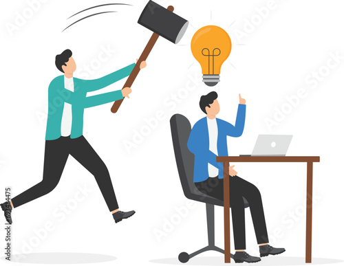 Jealousy colleague, toxic boss kill all ideas never been implemented, envy or dishonest coworker with unprofessional, businessman got new idea lightbulb but being hit and destroy by colleague behind.
