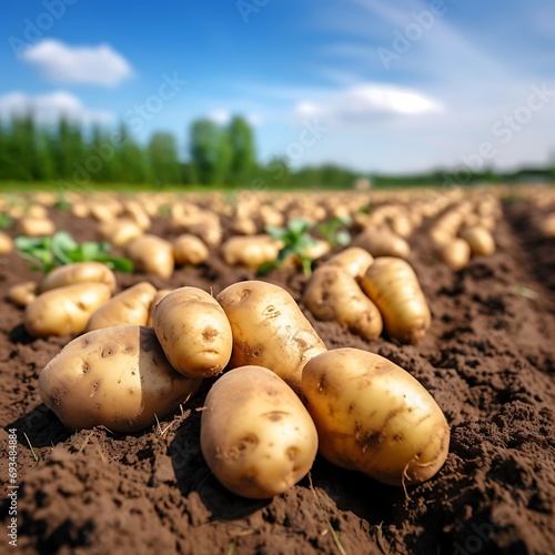 Freshly dug potatoes lying on the ground in the field