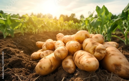 Harvested potatoes on a field in the rays of the setting sun