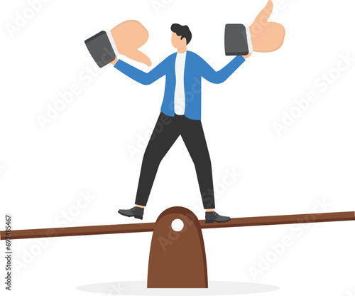 Balance on seesaw with thumb up and thumb down. Modern vector illustration in flat style

