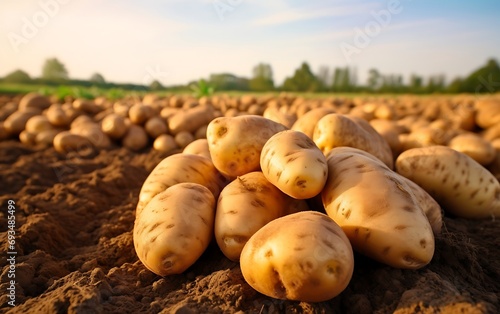 Harvested potatoes on a field in the light of the setting sun