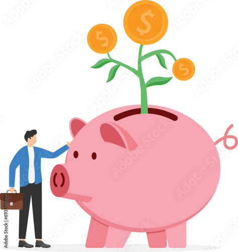 Businessman investor hand holding money flower plant from piggy bank. Investment growth, prosperity or earn more money from savings, mutual funds. Modern vector illustration in flat style

