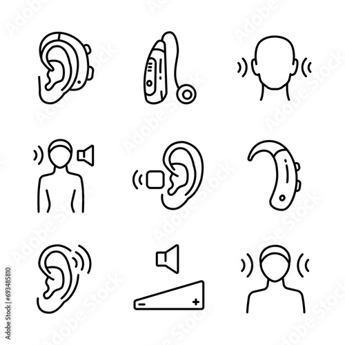 Hearing aid icons set. Volume booster for ears, for the deaf old and young. For better hearing, linear icon collection