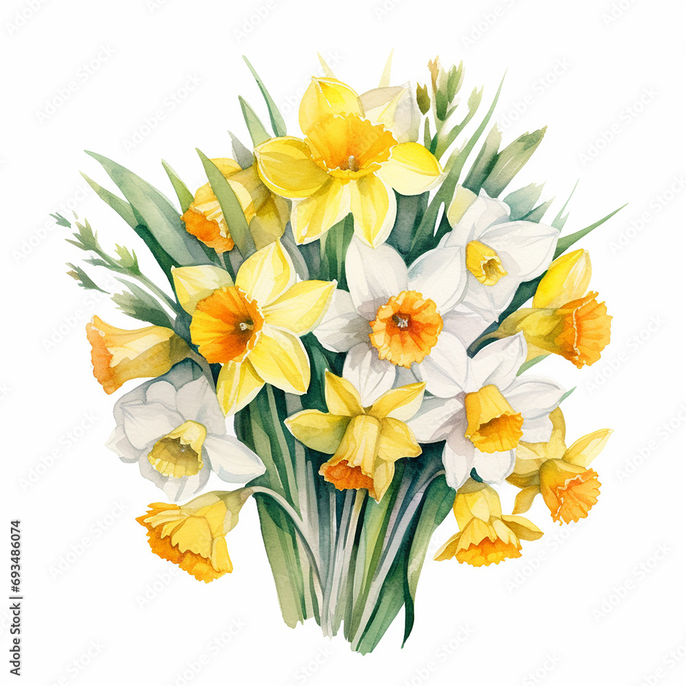 daffodils bouquet children's book watercolor illustration on white background daffodils bouquet children's book watercolor illustration on white background