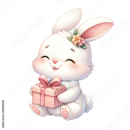 Cute bunny hold giftbox watercolor illustration . .AI Generate