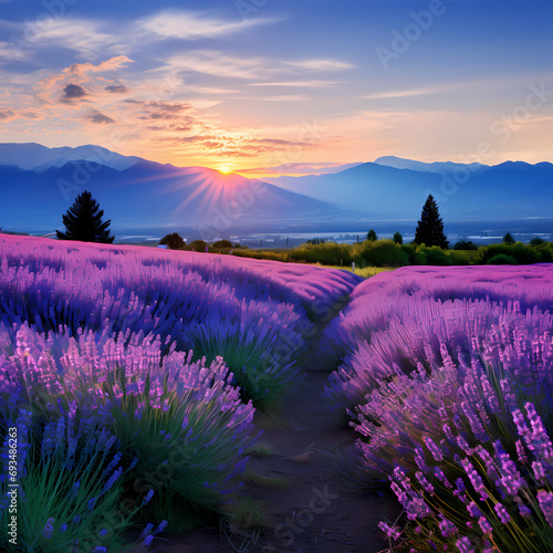 A pathway through a lavender field with a view of distant mountains