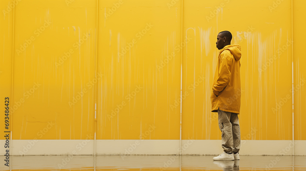 Man Contemplating in Front of a Textured Yellow Wall