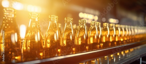 Beer being industrially produced with light filtered using glass bottles on a conveyor.