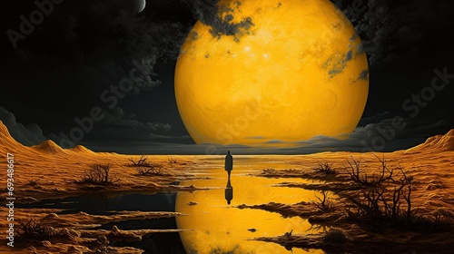 nighttime atmosphere with a yellow moon illustrated with a watercolor painting created by AI