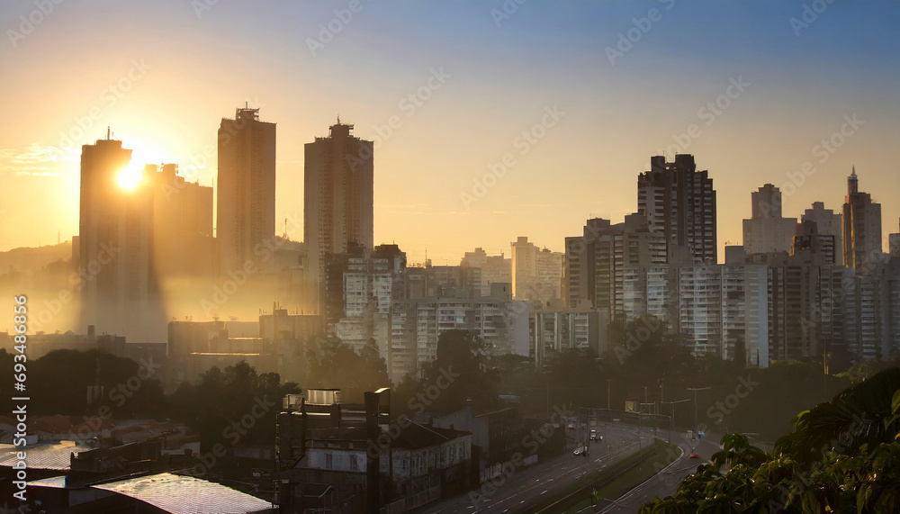 City in the morning, landscape with beautiful sunrise, drone photo