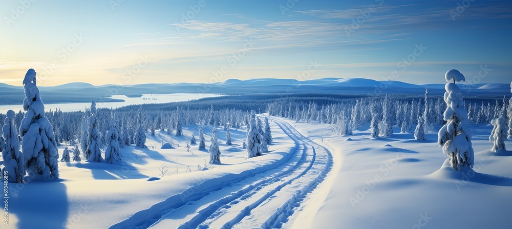 Breathtaking aerial view of serene winter forest with snow covered pine trees in norway