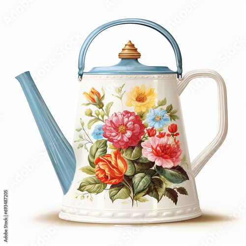 garden watering can illustration, white background, style bright vintage colors
