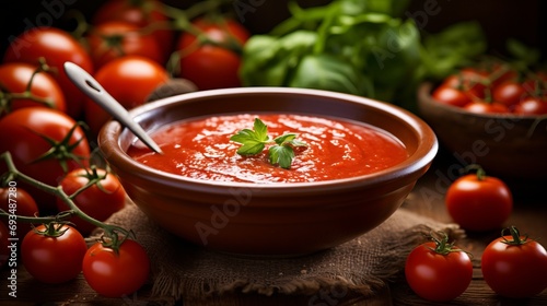 Homemade tomato sauce and cherry tomatoes in a wooden bowl, close up on a rustic table