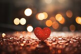 Two red hearts with bokeh lights on shimmering background.
