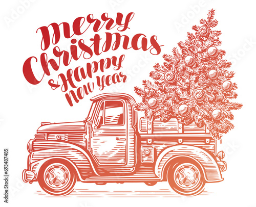 Christmas tree and retro farm truck. Greeting holiday card or banner with congratulations text