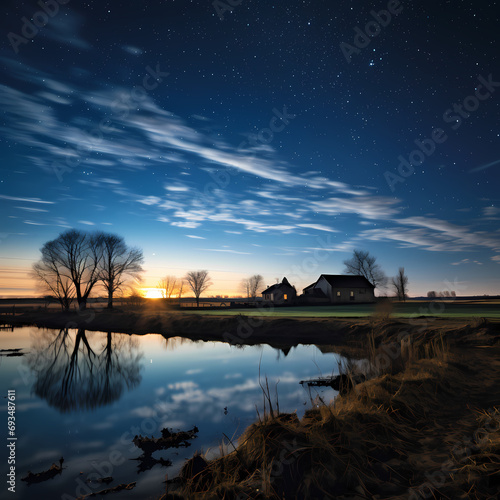 A starry night sky over a tranquil rural landscape