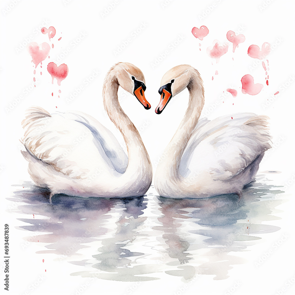 Fototapeta premium 2 white swans Valentine's day watercolor illustation style on white background