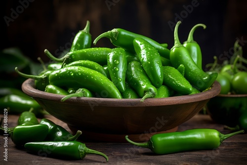 Freshly harvested green jalapeno peppers, the star of spicy cuisines, showcased in a wooden bowl photo