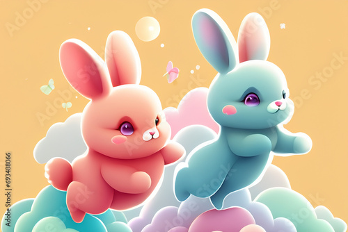 colourful bunnies jumping on clouds