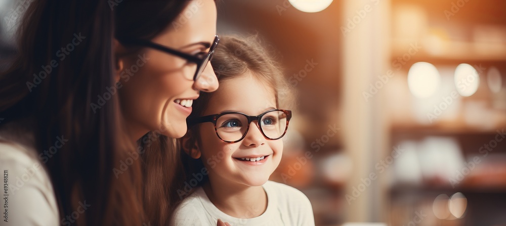 Girl trying glasses with ophthalmologist, blurred mother in background, copy space available - obrazy, fototapety, plakaty 