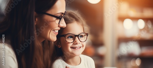 Girl trying glasses with ophthalmologist, blurred mother in background, copy space available photo